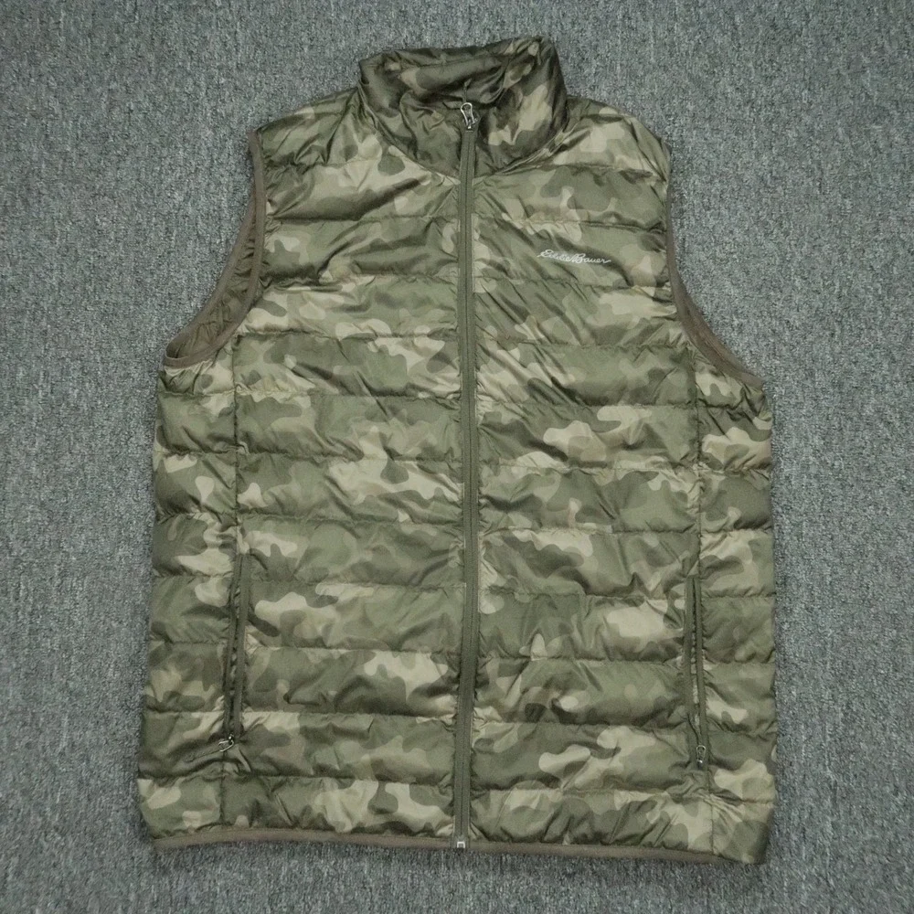 Eddie‎ Bauer Vest Mens Large Tall Green Camo Down Insulated Full Zip Pockets